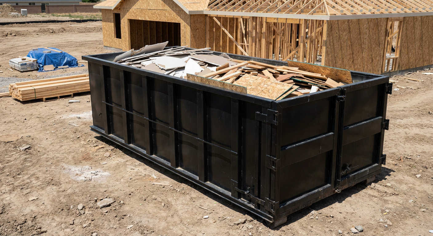 Matte-black 30-yard roll-off construction dumpster sitting directly on the compacted-dirt site of a framed single-family home build in Lynwood, drywall and lumber scrap loaded inside.