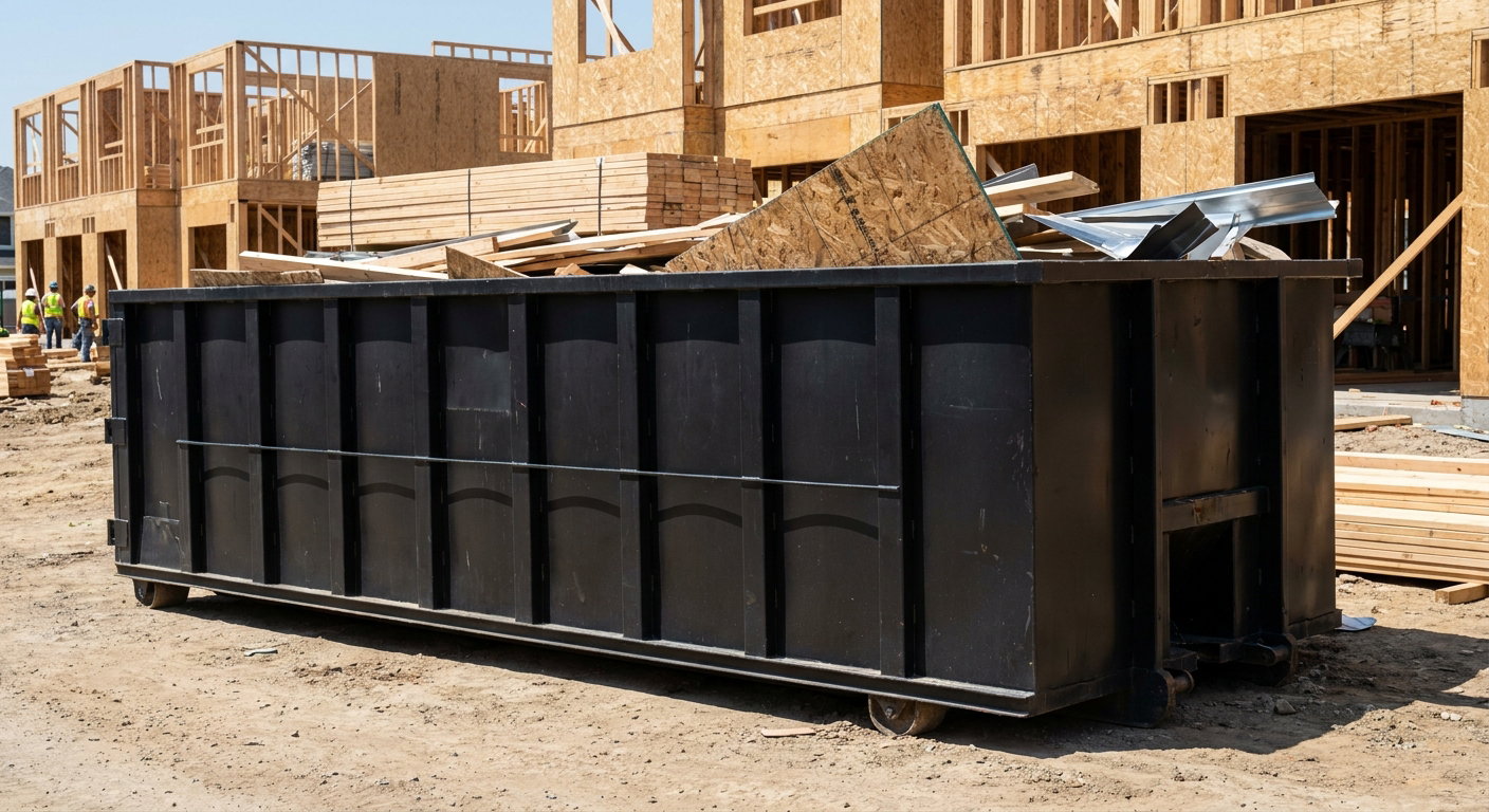 Matte-black 40-yard roll-off construction dumpster being lowered from a white-cab hooklift delivery truck onto the compacted-dirt jobsite at a commercial build site in Lynwood