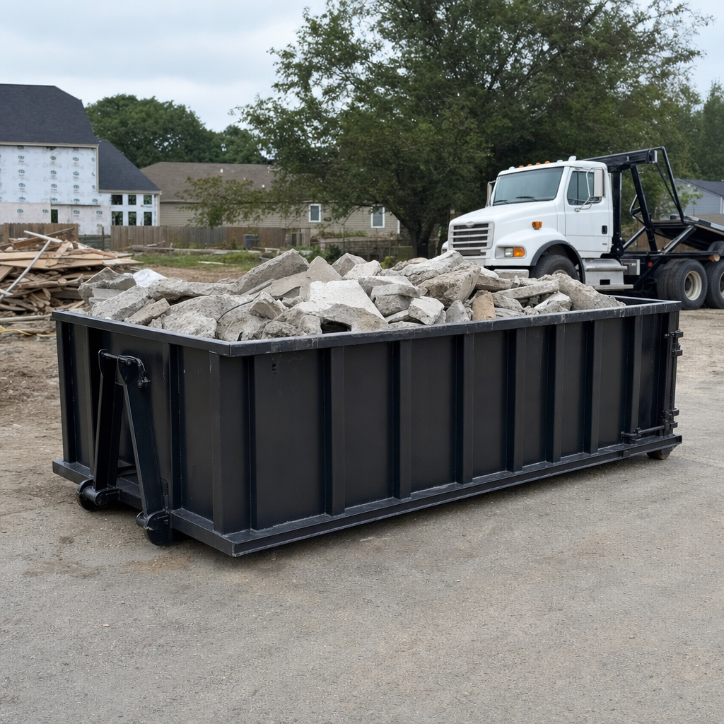 Low-profile matte-black lowboy roll-off dumpster loaded with broken concrete slab and rebar at a foundation tear-out in Lynwood, skid steer parked beside it, sunny Colorado morning