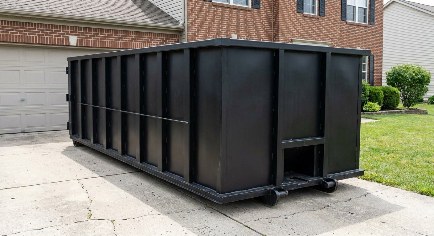 Matte-black 20-yard roll-off container on a Lynwood residential concrete driveway with reinforced ribbed steel sidewalls and a hinged rear walk-in door, clean bright daylight.