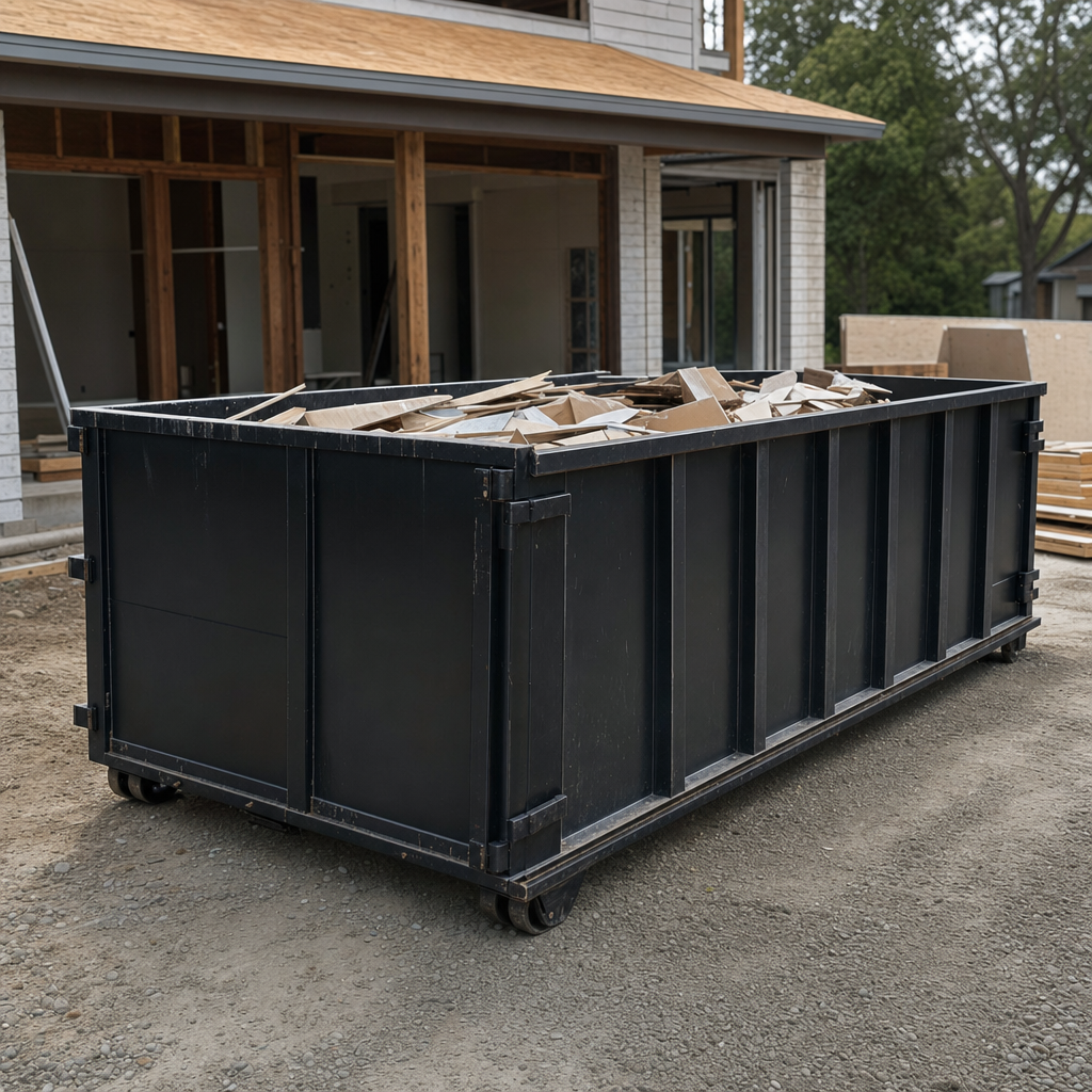 Large matte-black 30-yard construction roll-off dumpster at an active Lynwood jobsite, steel-gray top rails and bottom rollers visible, loaded with construction debris.