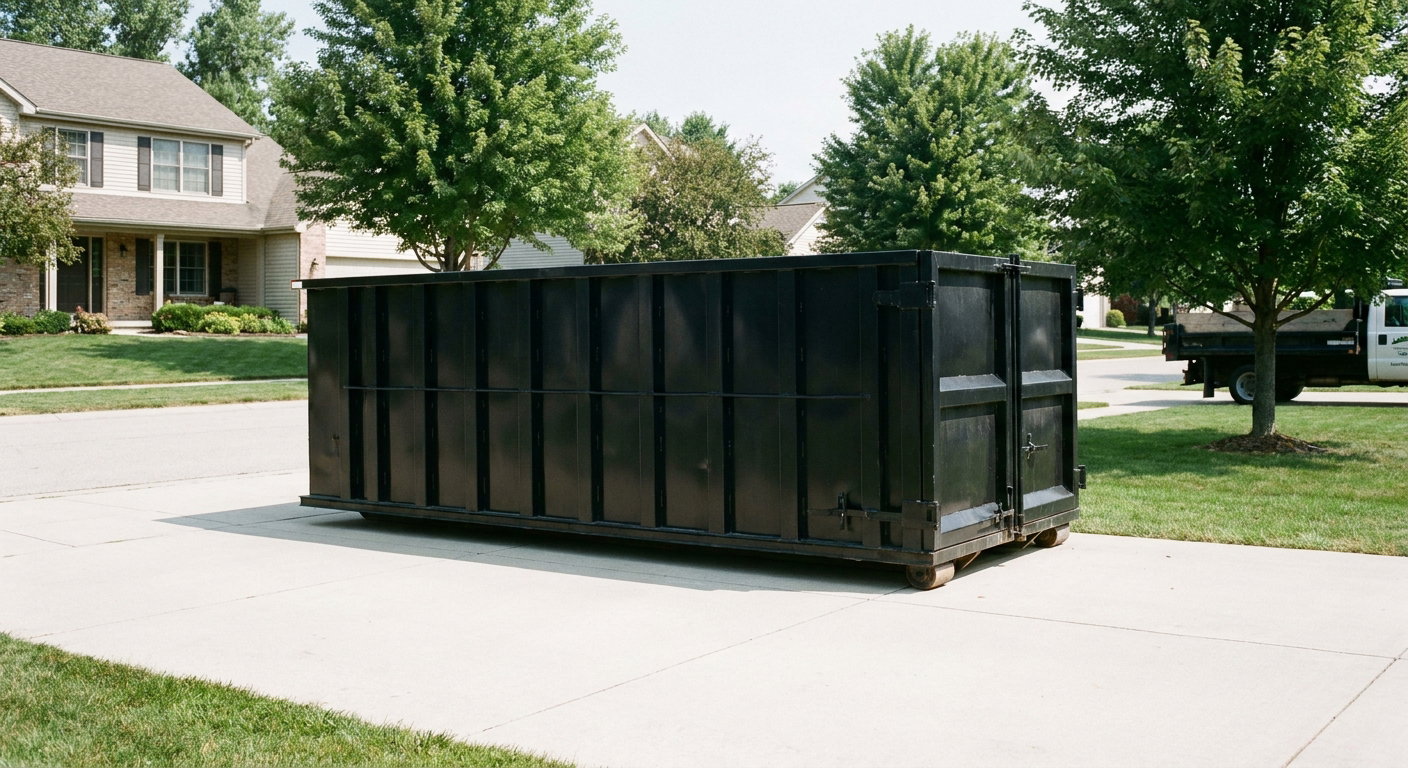 Matte-black 20-yard roll-off dumpster sitting level on a clean Lynwood residential concrete driveway under bright daylight, demonstrating clean placement directly on the concrete.