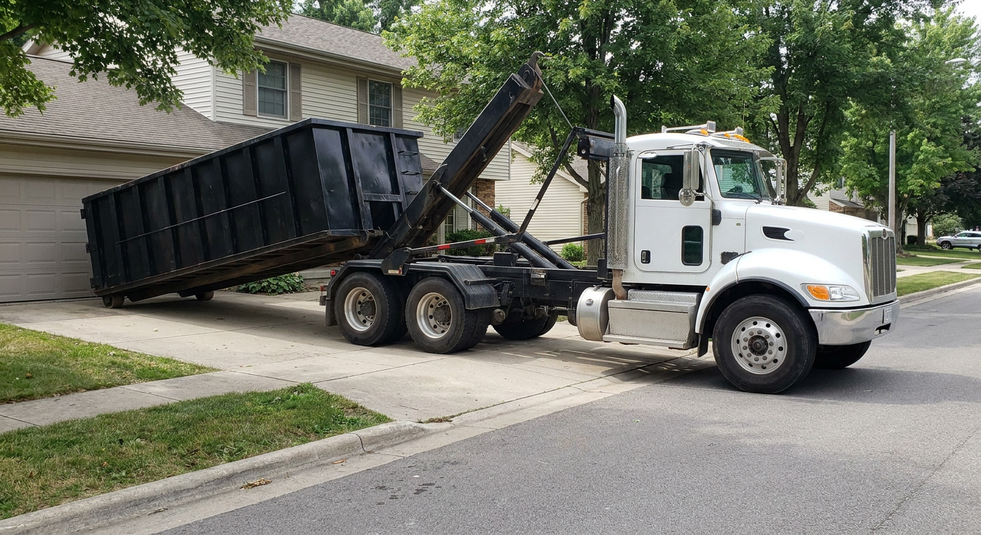 White-cab hooklift roll-off truck actively lowering a matte-black dumpster onto a Lynwood residential concrete driveway, the dumpster's rear wheels touching the driveway as the hoist arm tilts the bed forward, mid-morning daylight.