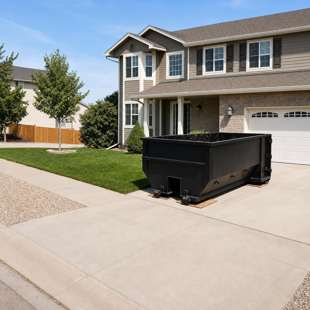 10-yard matte-black residential dumpster placed directly on a narrow Lynwood concrete driveway, room remains for a parked sedan beside it, mid-morning natural light