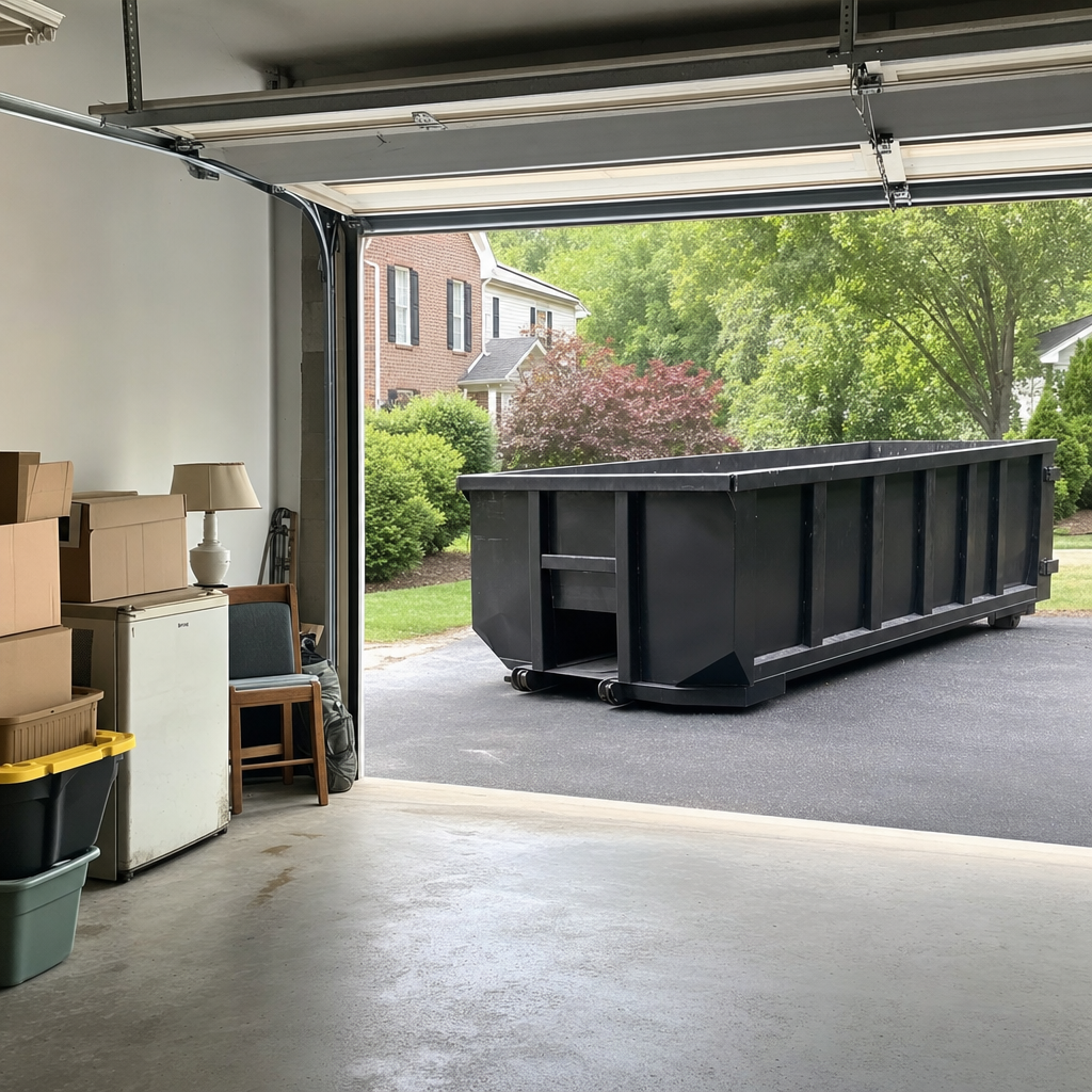 Open garage interior in a Lynwood home mid-cleanout — boxed items, an old appliance, and stacked yard tools queued near the driveway for a matte-black roll-off dumpster, organized and calm