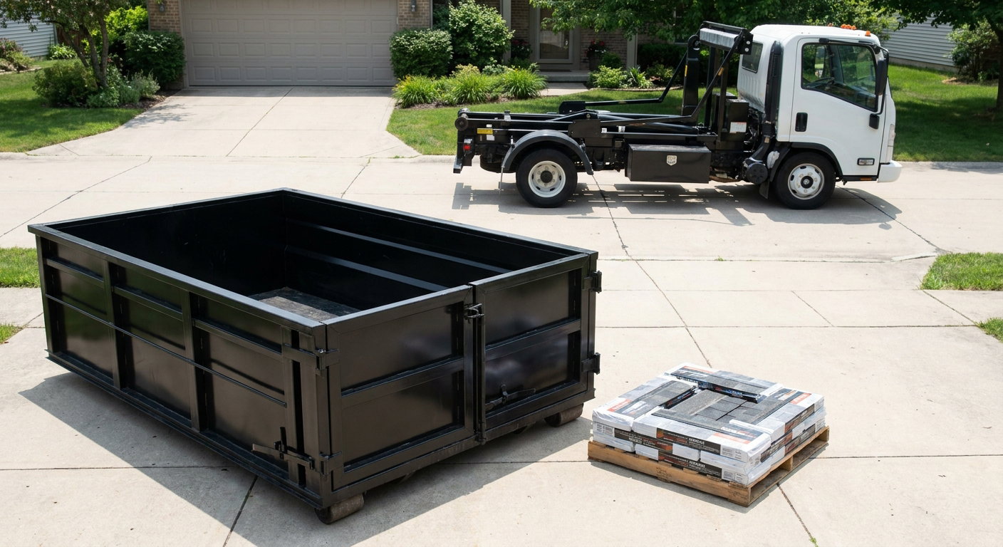 Matte-black 15-yard roofing roll-off dumpster with reinforced low side walls sitting directly on a Lynwood residential concrete driveway, three-tab asphalt shingle bundles stacked nearby, an unmarked white hauler truck partially visible at the edge of the frame.
