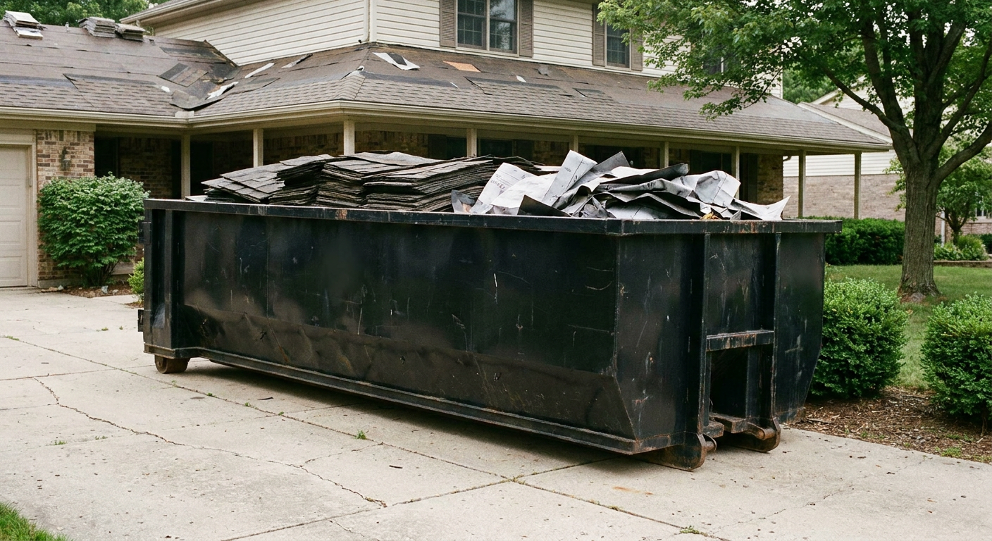 Matte-black 30-yard roofing roll-off dumpster sitting directly on a Lynwood concrete driveway, taller ribbed steel side panels, mixed tear-off debris of asphalt shingles and underlayment inside, professional documentary daylight.