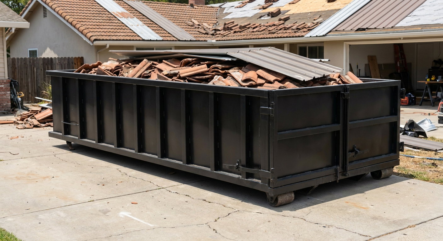 Matte-black low-wall heavy-debris roofing roll-off dumpster sitting directly on a Lynwood concrete driveway, broken concrete clay roof tiles and metal panel sections loaded inside, reinforced ribbed steel side walls visible, bright outdoor daylight.
