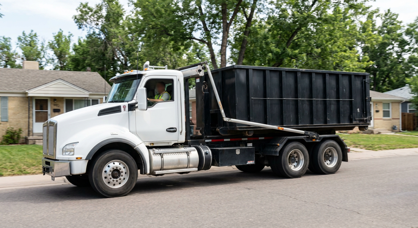 A wide documentary shot of a matte-black roll-off delivery truck pulling onto a quiet Lynwood residential street at mid-morning, with neighborhood rooftops and tree-lined blocks visible behind, showing the metro coverage footprint.