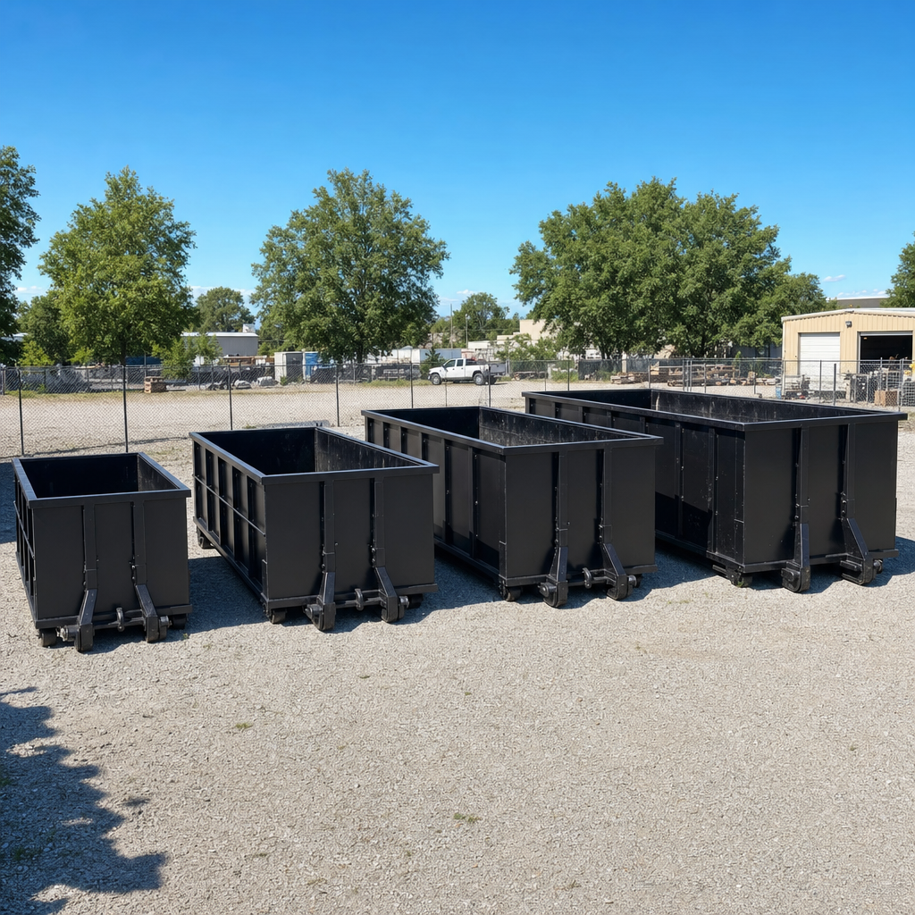 A clean lineup of matte-black roll-off dumpsters in 10, 20, 30, and 40-yard sizes staged on a sunlit gravel yard in Lynwood, showing the size progression from compact to commercial-scale containers.