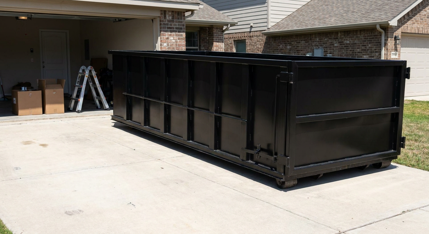A matte-black 10-yard roll-off dumpster sitting directly on a residential Lynwood concrete driveway, mid-day sunlight, clean and ready for a garage cleanout.
