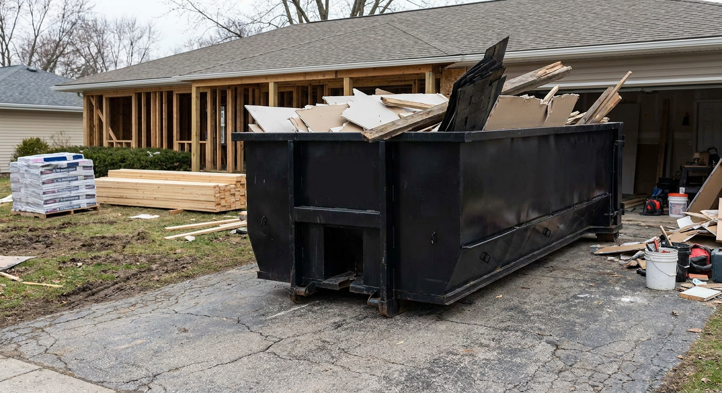 A matte-black 20-yard roll-off dumpster placed alongside a mid-renovation Lynwood home directly on the asphalt driveway, with framing materials and torn-off shingles staged neatly nearby.