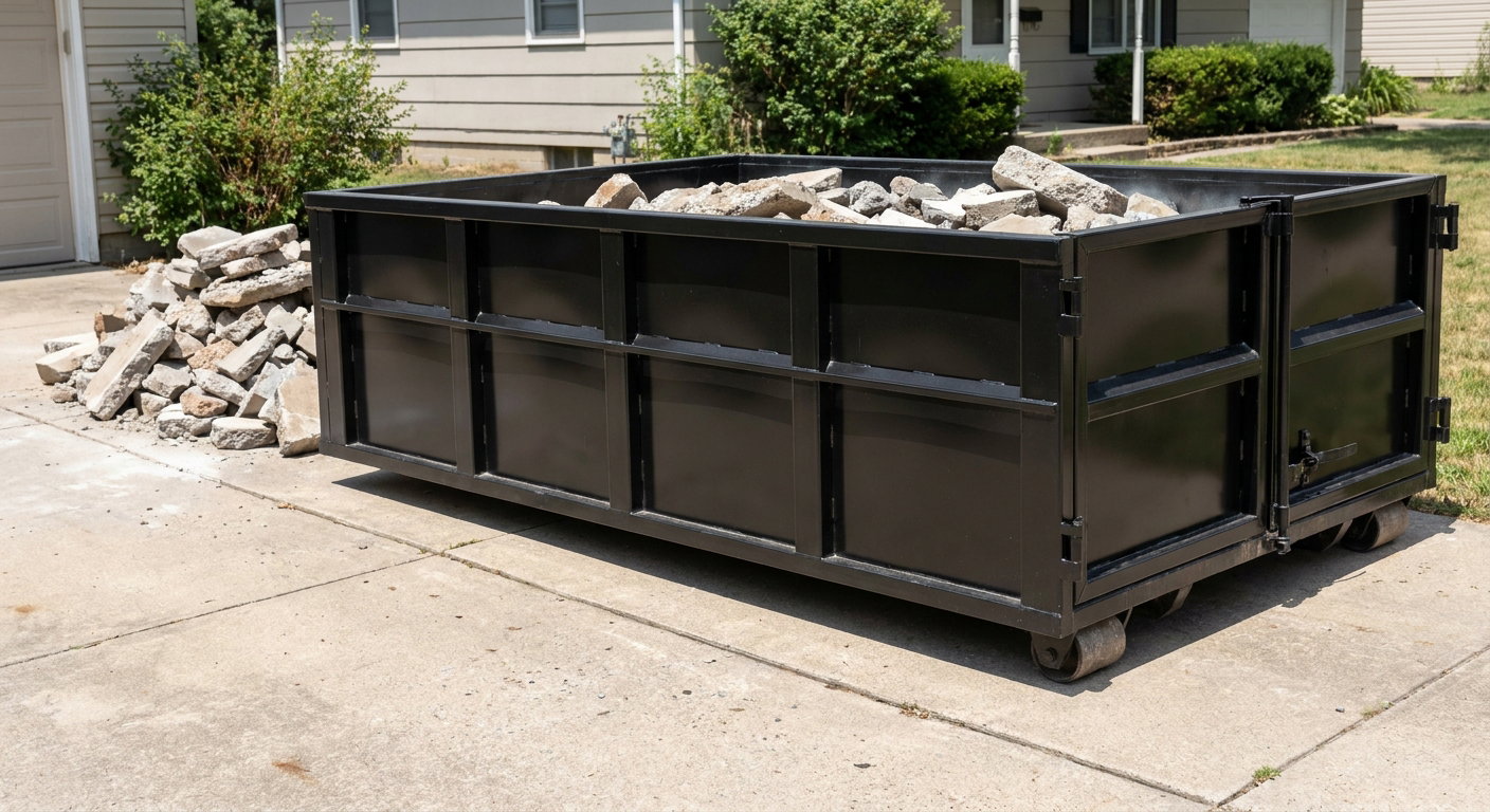A matte-black low-side heavy-debris roll-off dumpster placed directly on a Lynwood concrete driveway, with broken concrete chunks neatly stacked beside it under clean daylight.